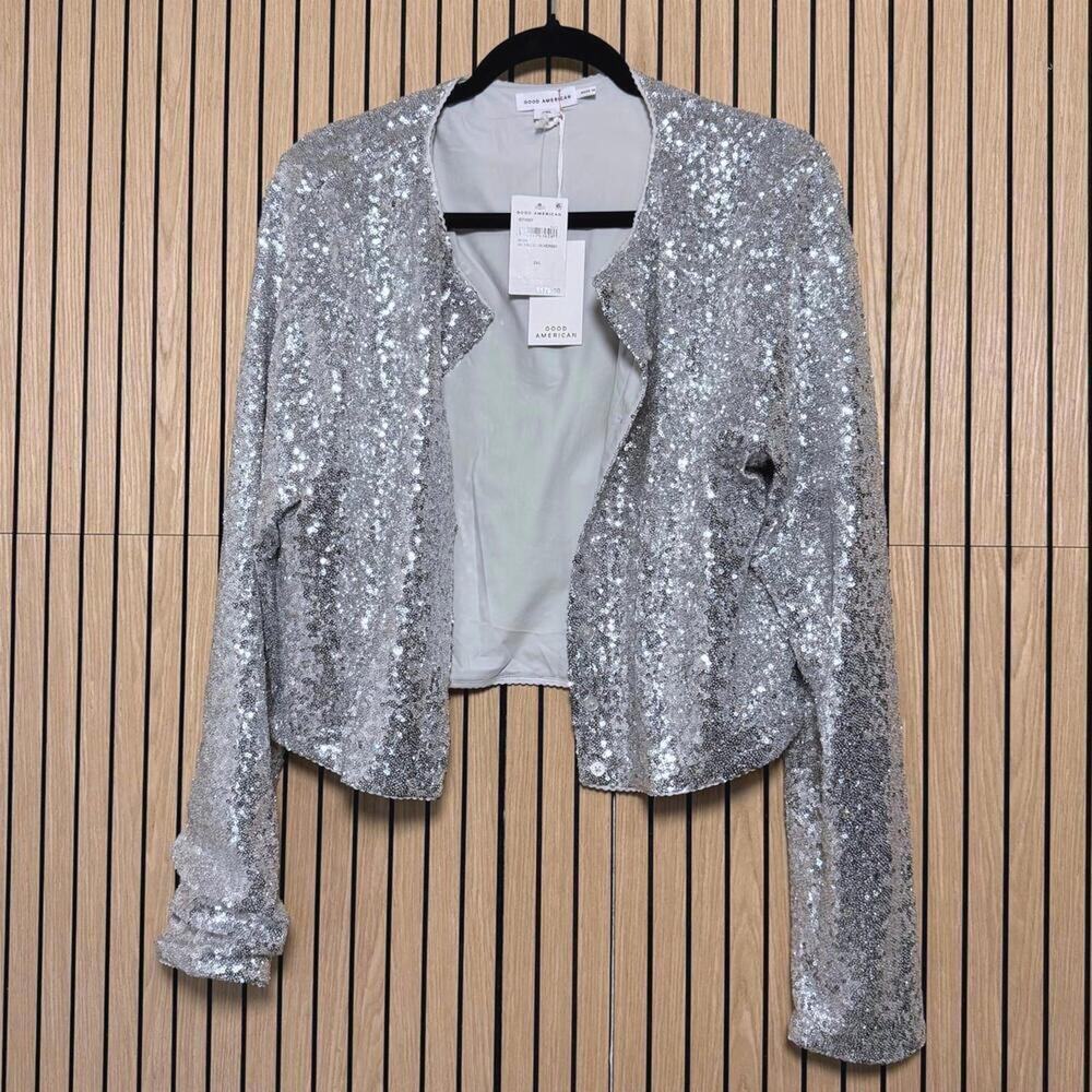 199 Good American Metallic Silver Sequin Cropped Jacket (2XL, Silver, NWT)